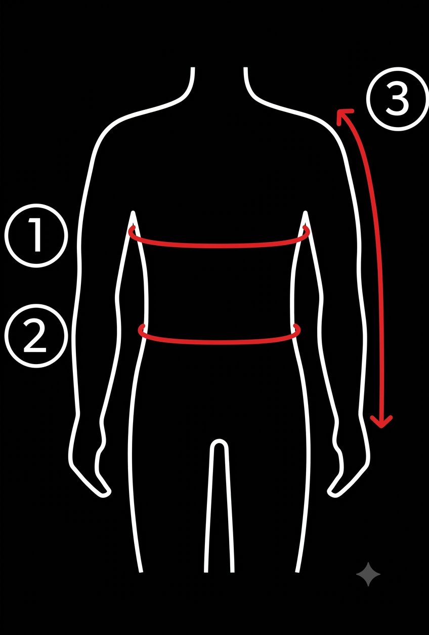Diagram showing where to measure chest, waist and arm length